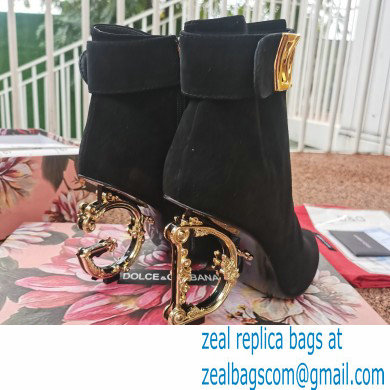 Dolce  &  Gabbana Heel 10.5cm Leather Ankle Boots Suede Black with Baroque DG Heel and Strap 2021